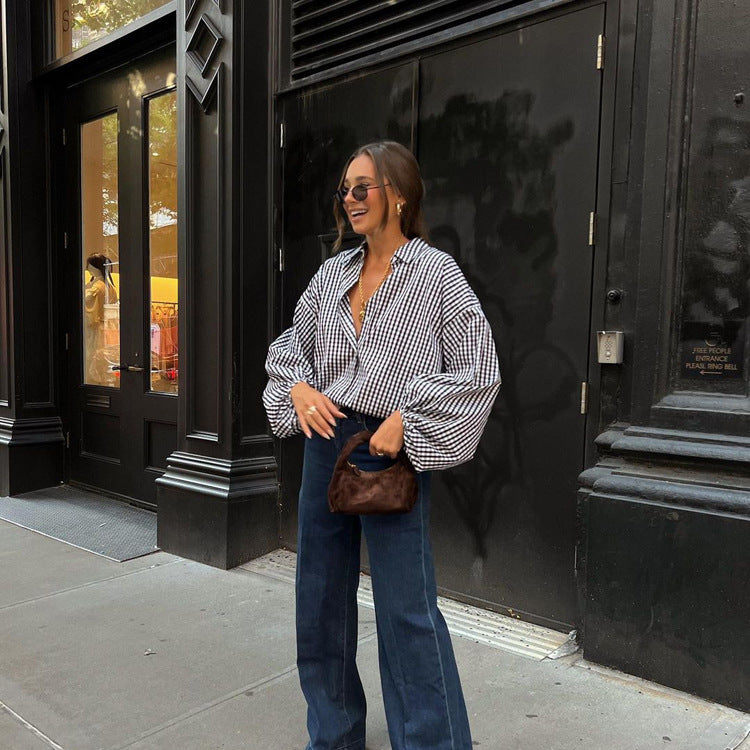 Black Lattice Puff Sleeve Blouse