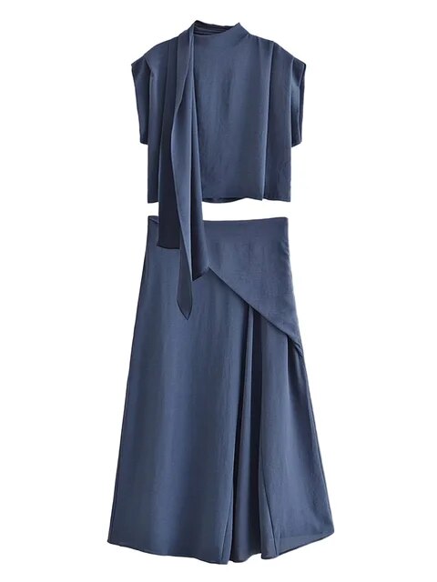 Sleeveless Scarf Collar Asymmetric 2 Piece Set