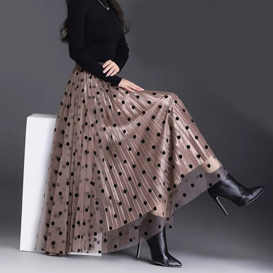 High Waist, Pleated, Mesh Dot Skirt