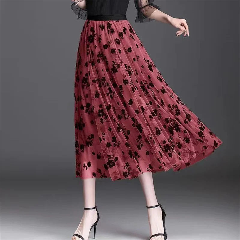 High Waist, Pleated, Mesh Dot Skirt