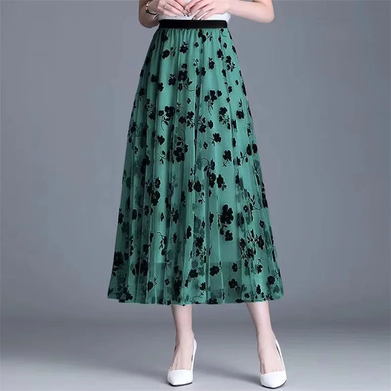 High Waist, Pleated, Mesh Dot Skirt