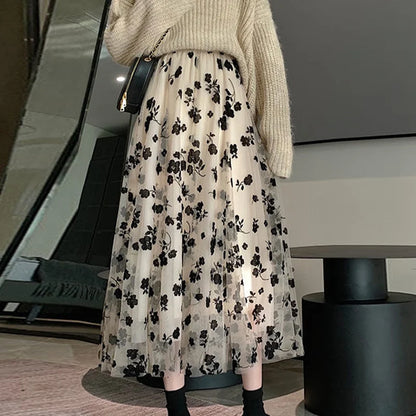 High Waist, Pleated, Mesh Dot Skirt
