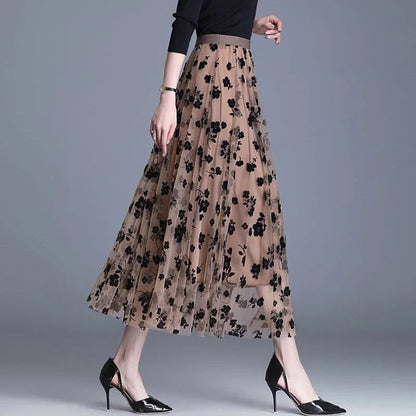 High Waist, Pleated, Mesh Dot Skirt