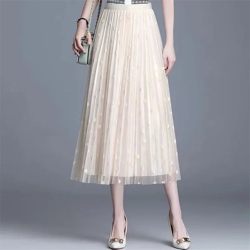 High Waist, Pleated, Mesh Dot Skirt