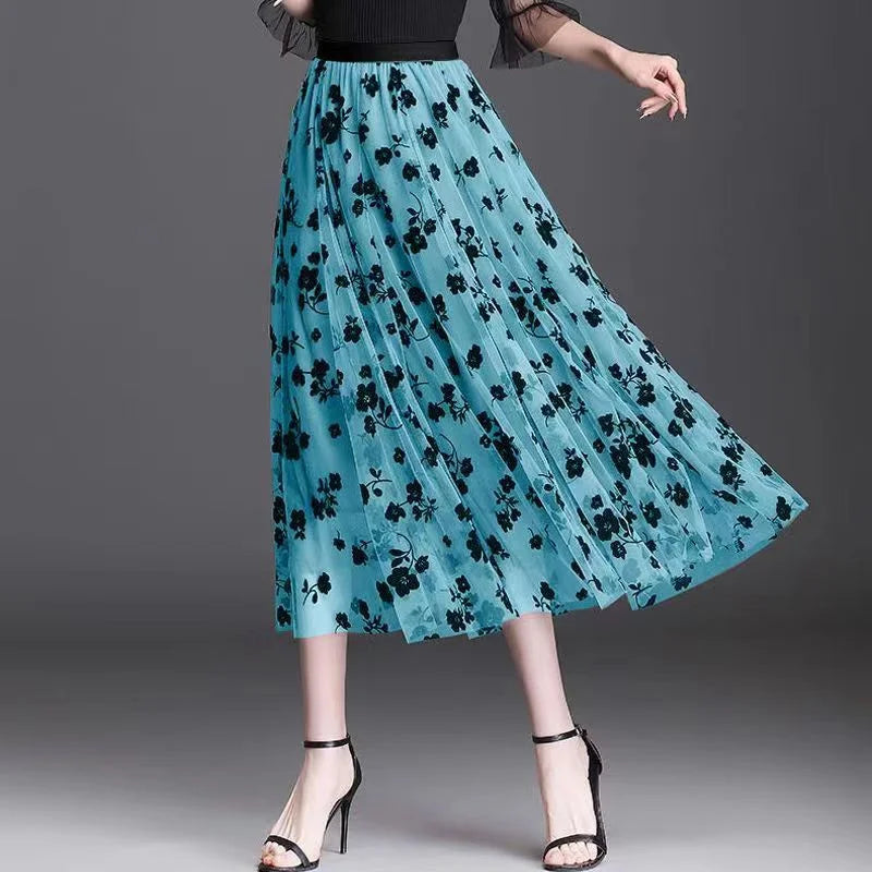High Waist, Pleated, Mesh Dot Skirt