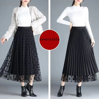 High Waist, Pleated, Mesh Dot Skirt